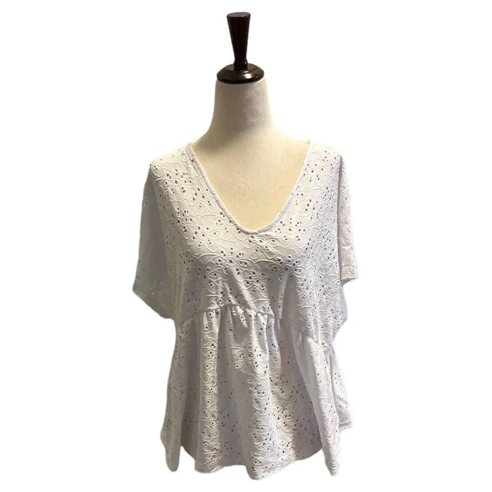 NANETTE NANETTE LEPORE Womens White Eyelet V-neck Polyester Shirt Size LARGE